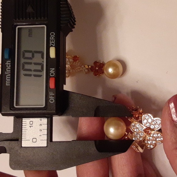 925  Golden South Sea Pearl, Madeira Citrine, White Zircons Ring. 10.5mm FIRM. - Picture 7 of 17